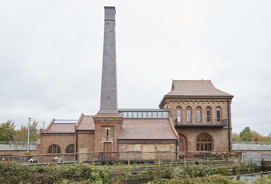 The engine house at Walthamstow Wetlands with Brown Brindle Swift Tower